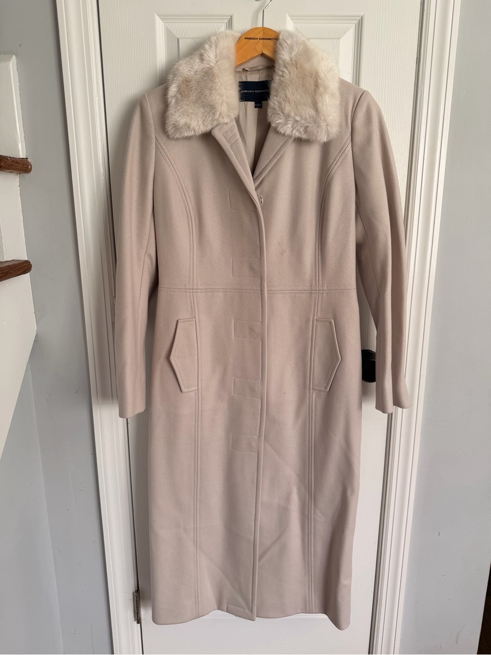 Long Cream Wool Coat with Faux Fur Collar